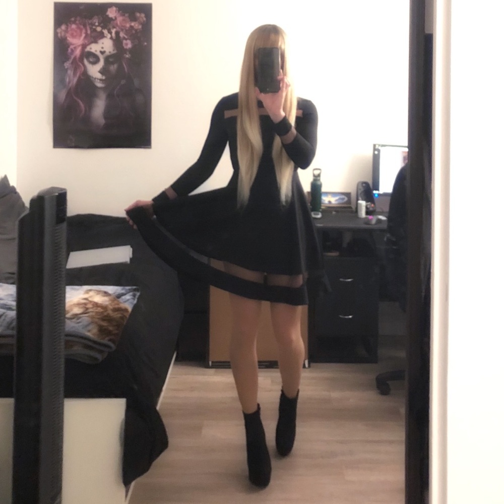 Long Sleeve Black Mesh Panel Dress